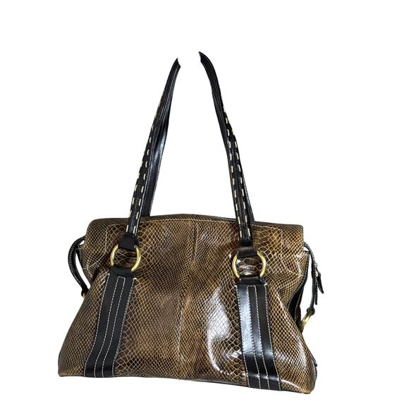 Charlie Lapson Large Snake Embossed Brown Shoulder Bag - Picture 4 of 9